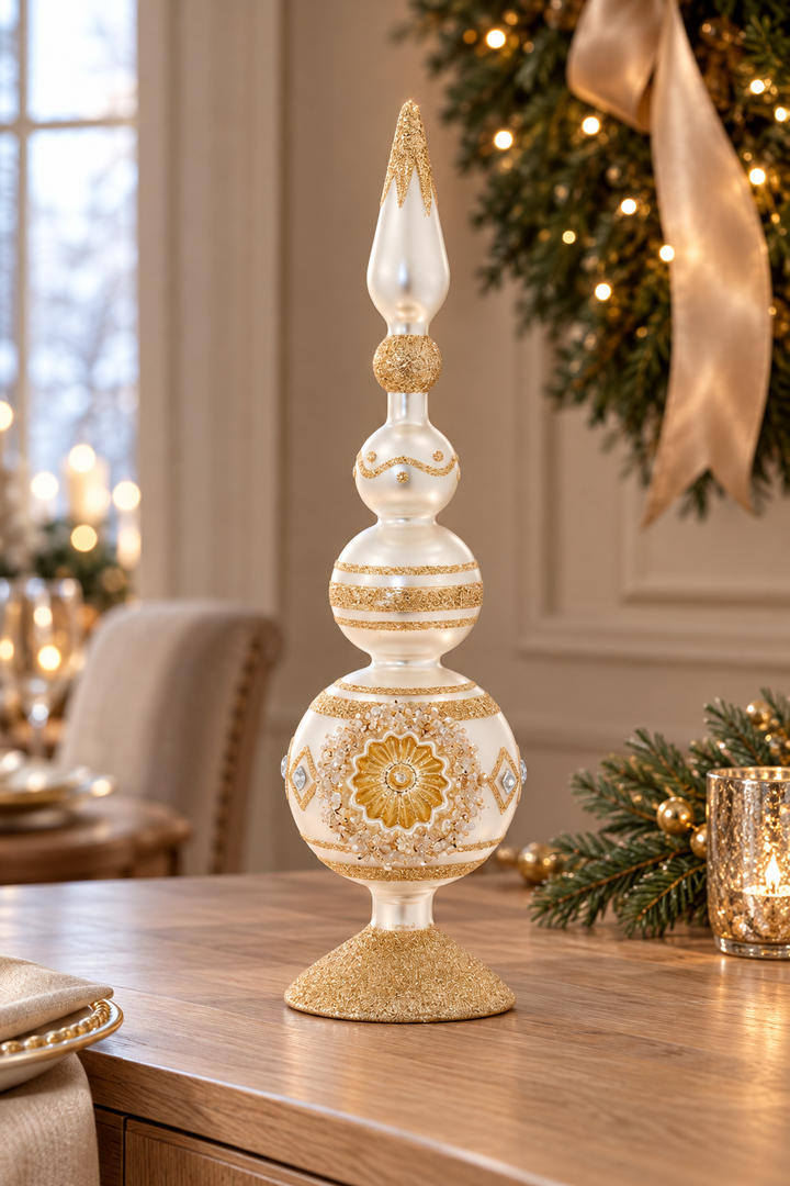 Christmas Elegance Ivory & Gold Glass Reflector Finial – 14″ or 17.5″
