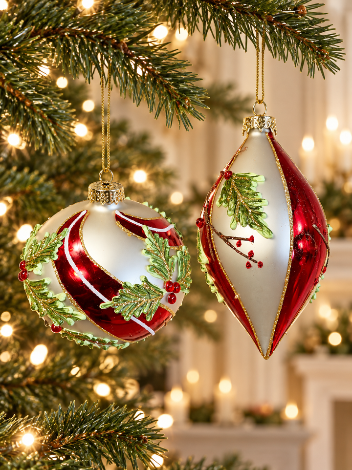 Christmas Heirloom Red &amp; Ivory Botanical Ornaments
