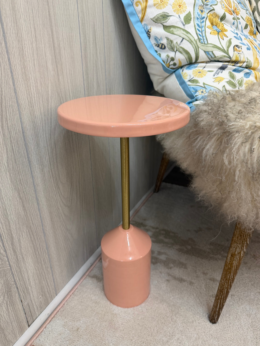 Blush Enameled Metal Accent Pedestal Table