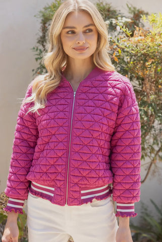 Quilted Striped Zip Bomber Jacket