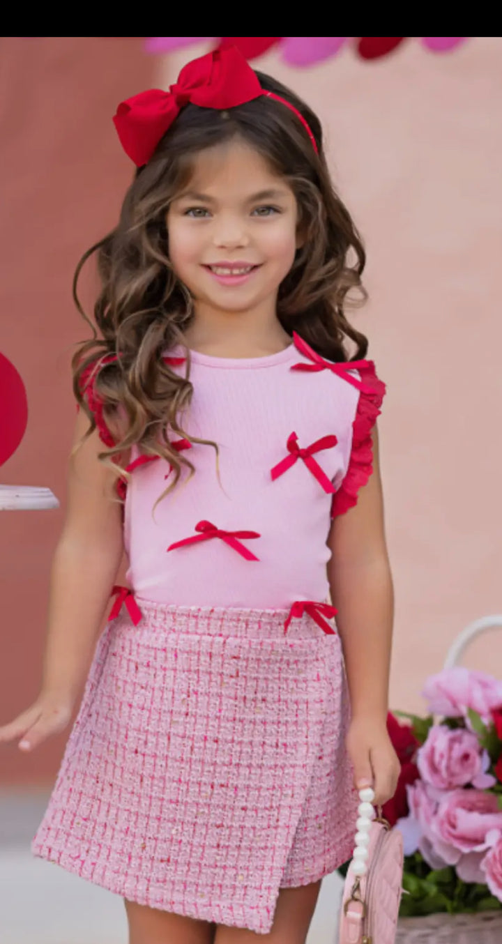 Chic Bows Lace Top and Tweed Skort Set