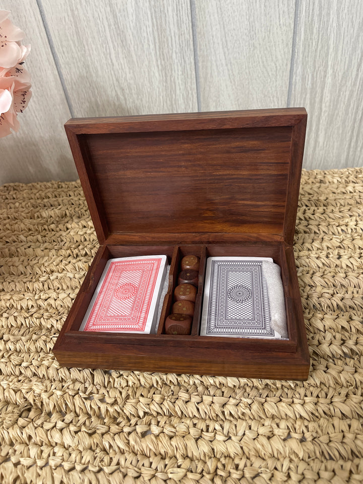 Wood Crafted Box with Playing Cards & Dice