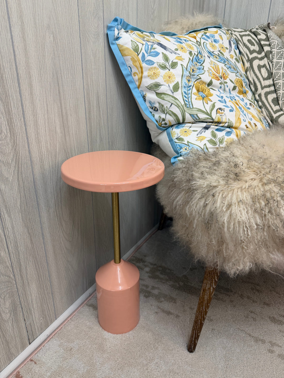 Blush Enameled Metal Accent Pedestal Table