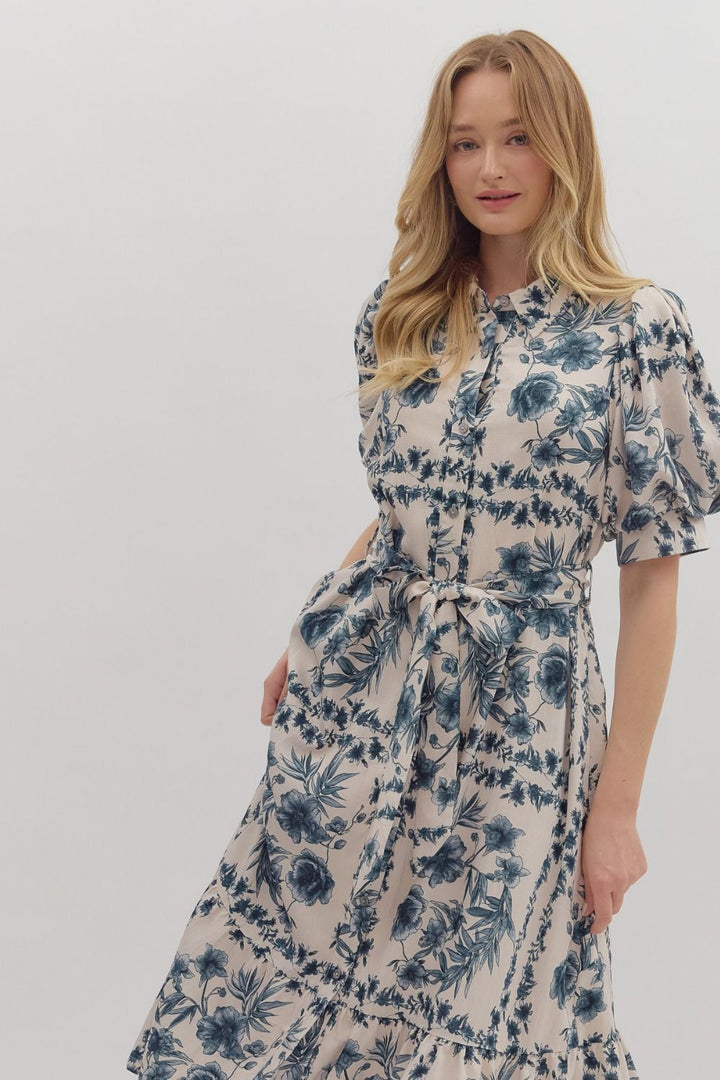 Botanical Toile Belted Midi Dress