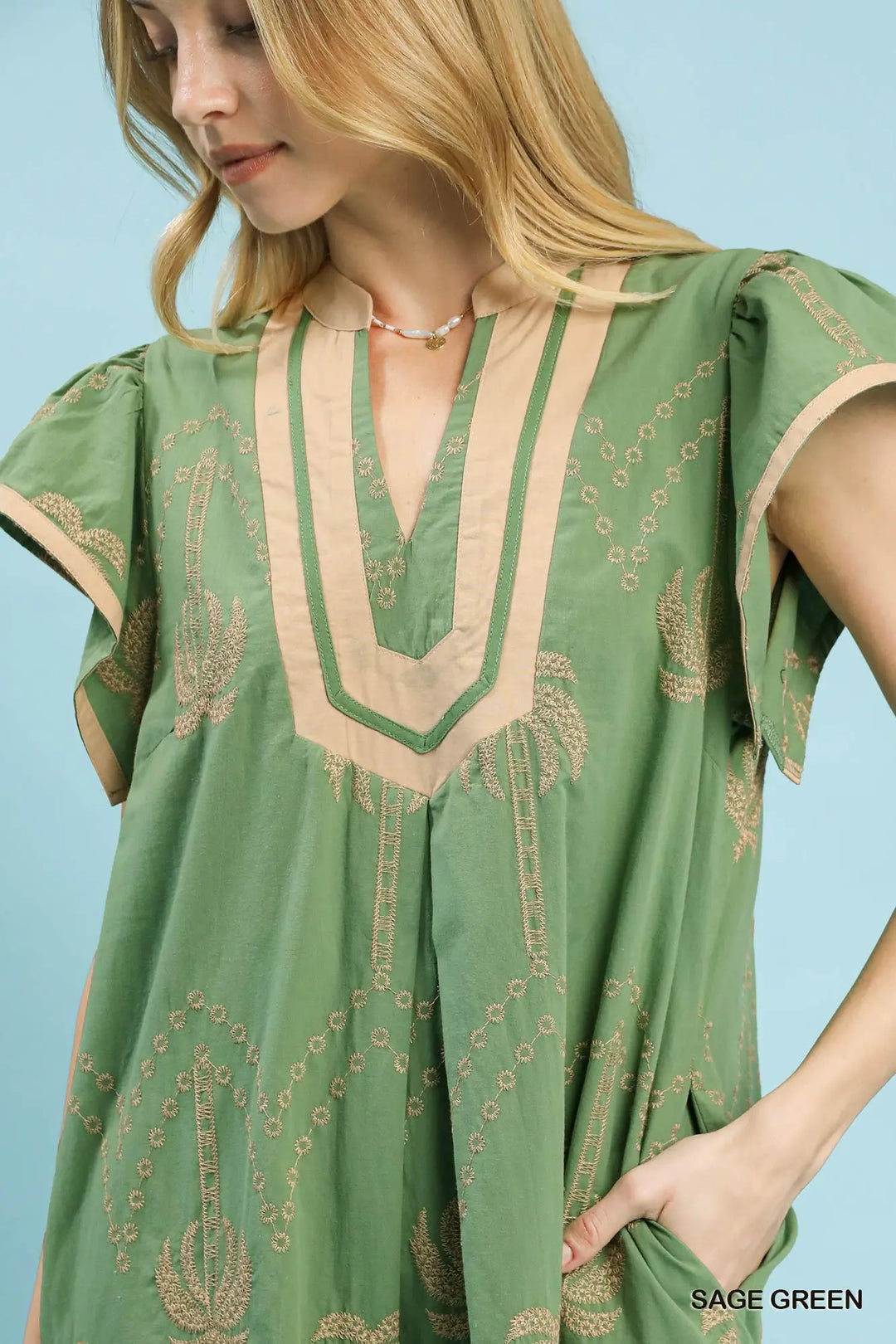 Sage Palms Embroidered Midi Dress