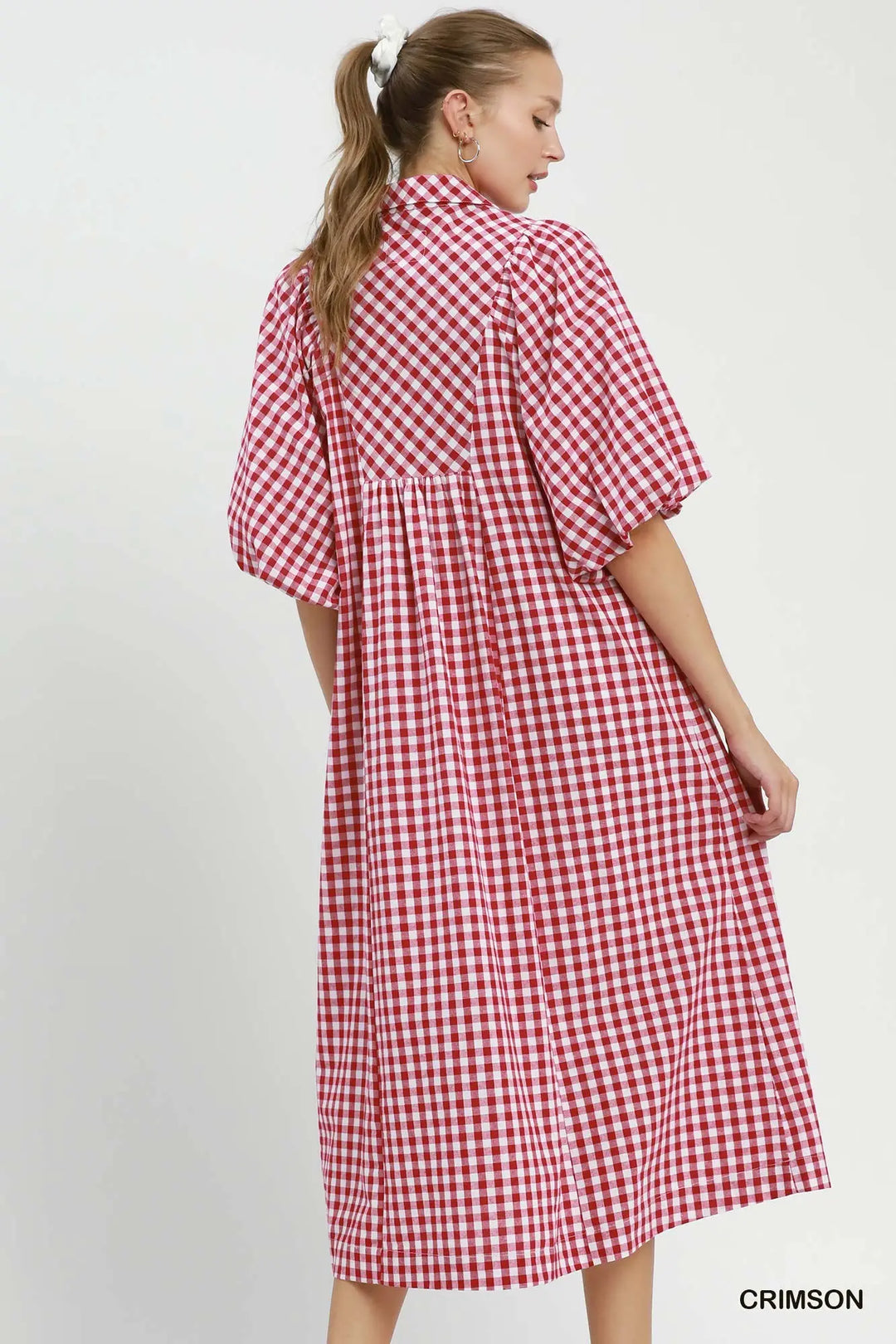 Crimson Gingham Smocked Midi Dress