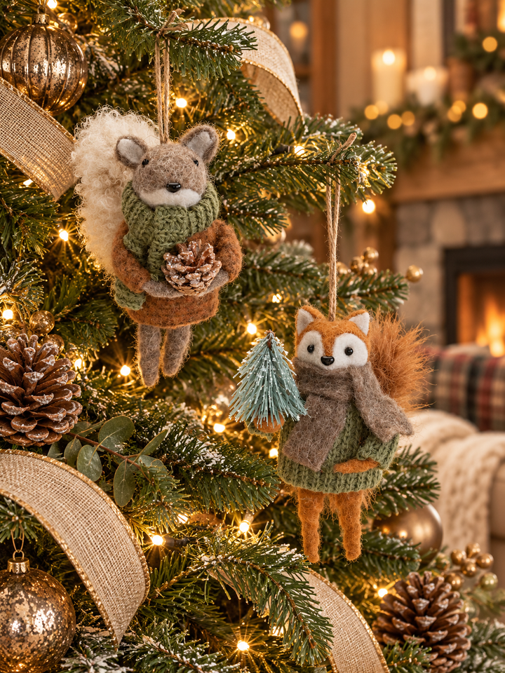 Woodland Charm Squirrel & Fox Ornaments – 6″