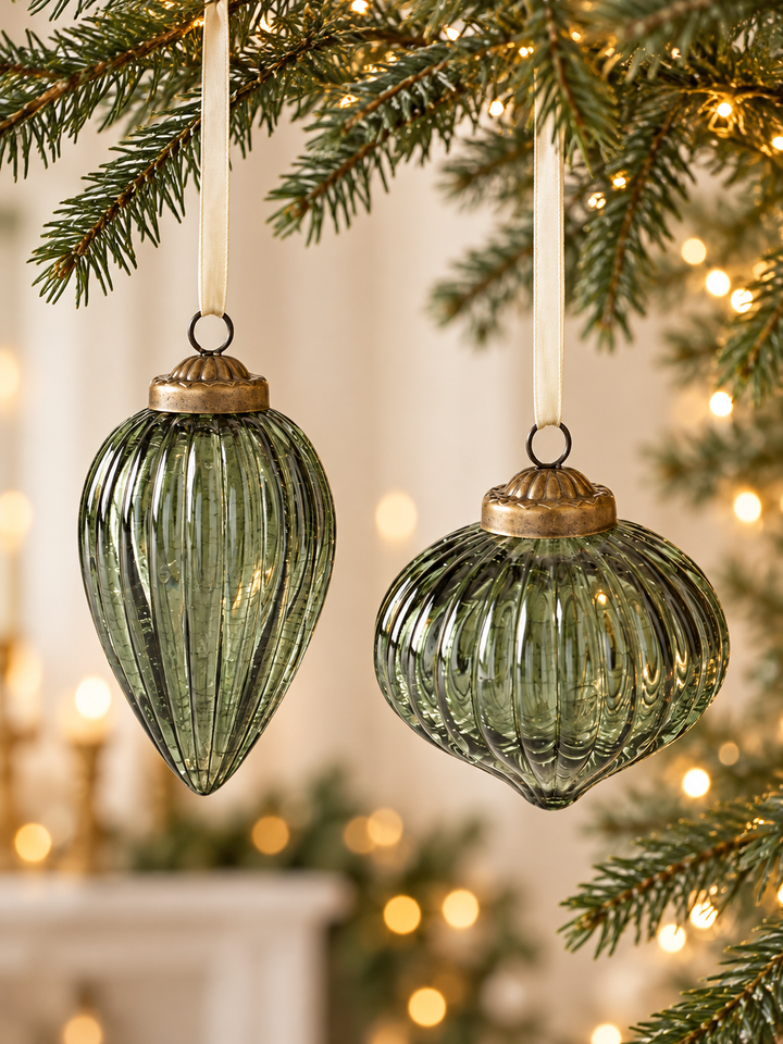 Sage Evergreen Ribbed Glass Ornaments