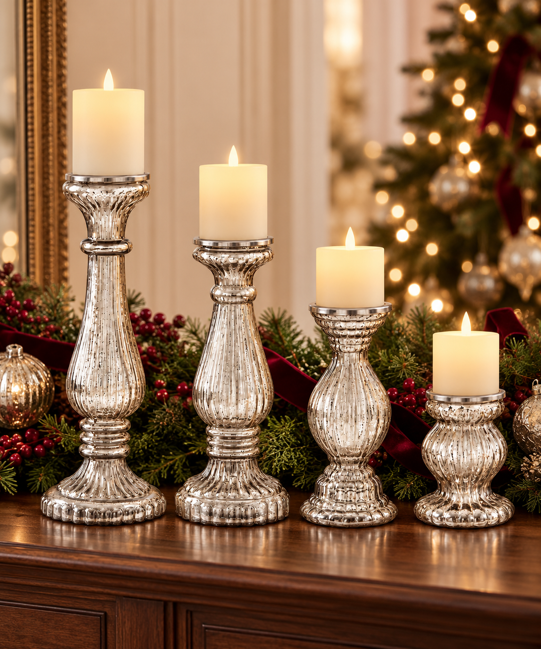 Vintage Elegance Silver Mercury Glass Candle Holders