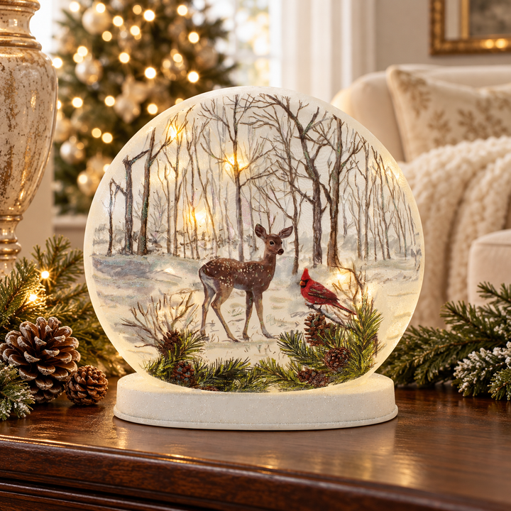 Woodland Glow Deer & Cardinal LED Disc Globe - 7.5"