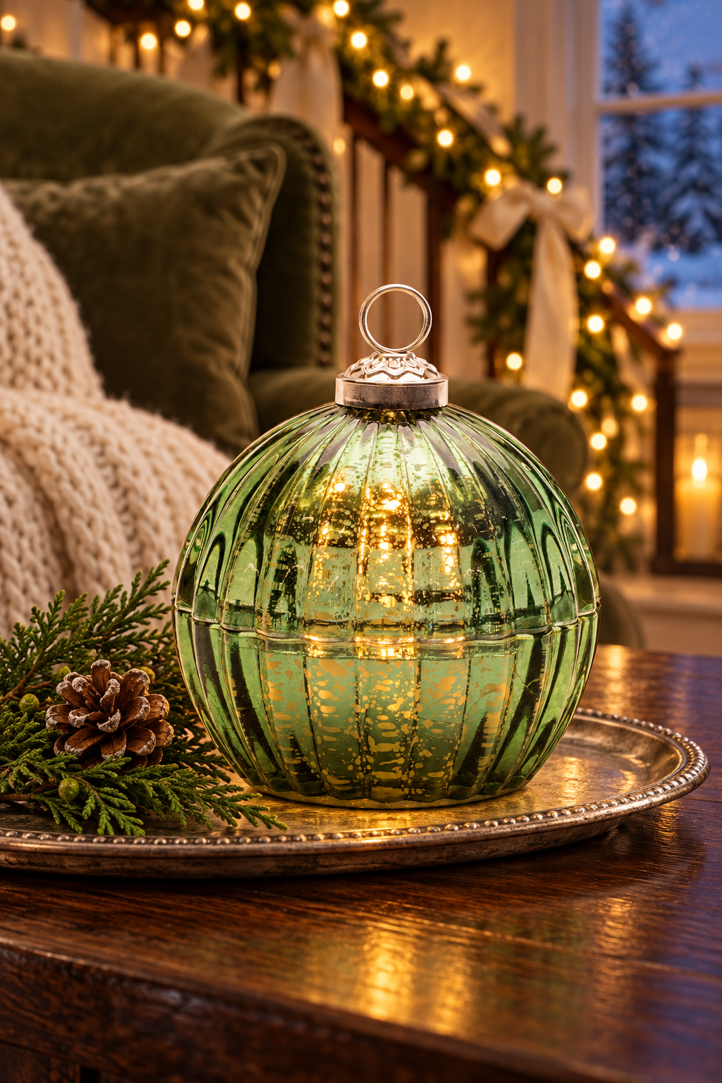 Evergreen Glow LED Glass Ornament Candle – 4.25″