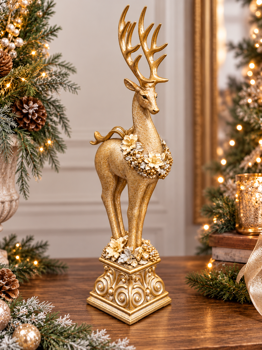 Gilded Christmas Reindeer on a Pedestal