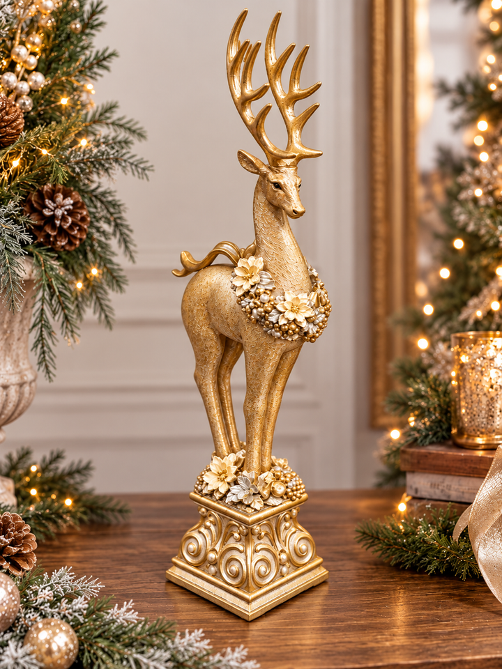Gilded Christmas Reindeer on a Pedestal