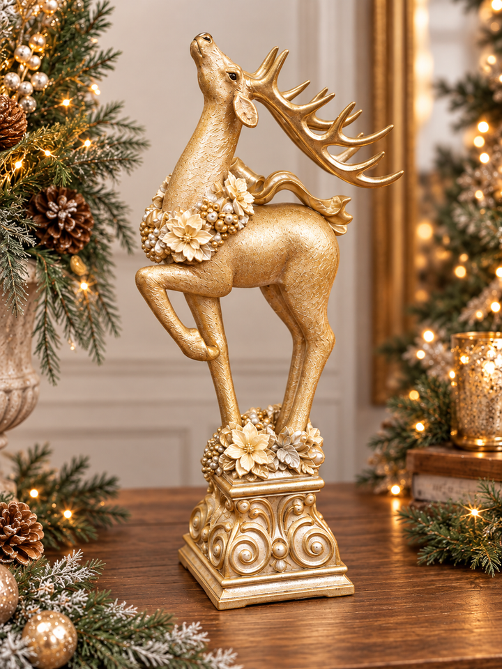 Gilded Christmas Reindeer on a Pedestal