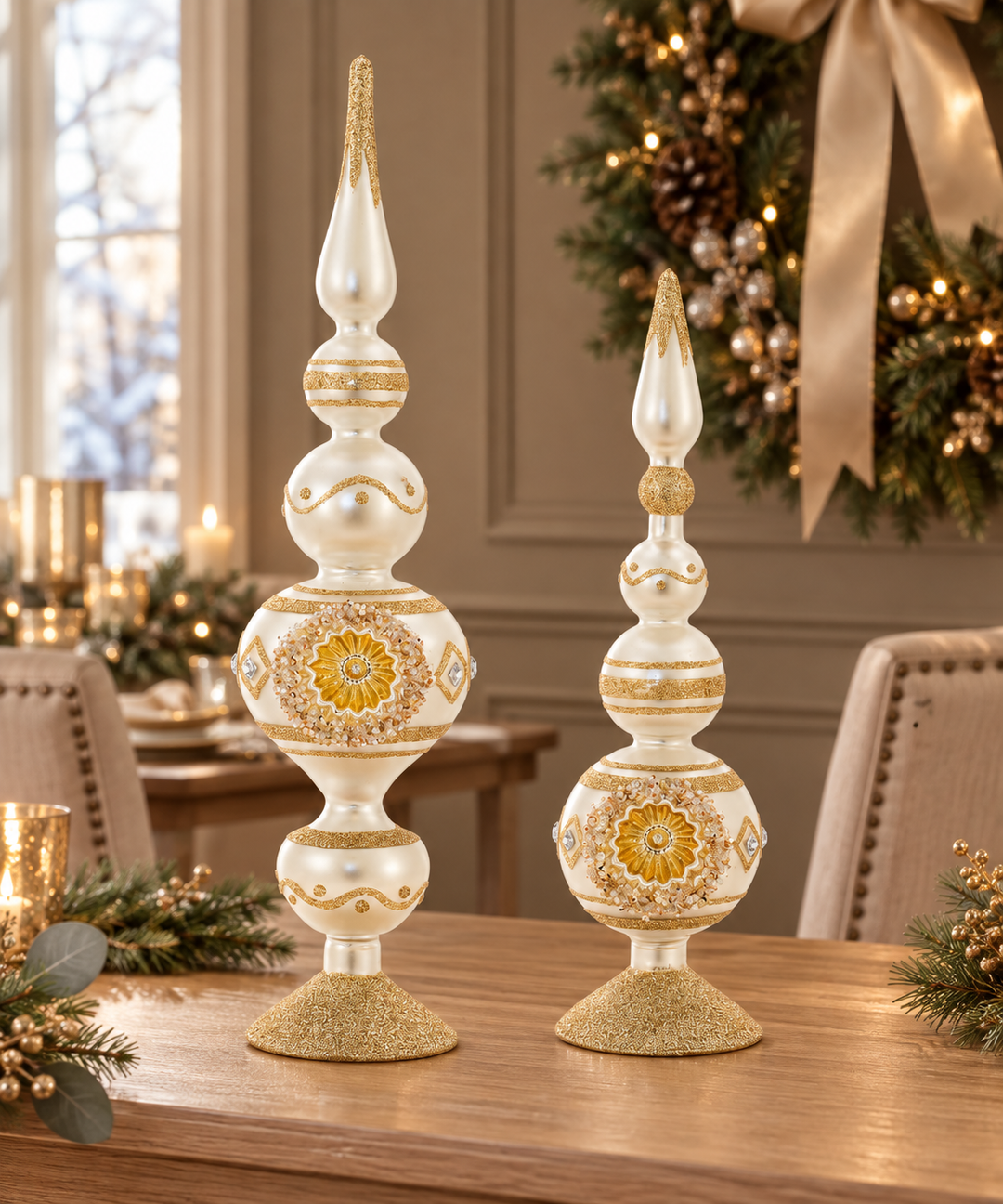 Christmas Elegance Ivory & Gold Glass Reflector Finial – 14″ or 17.5″