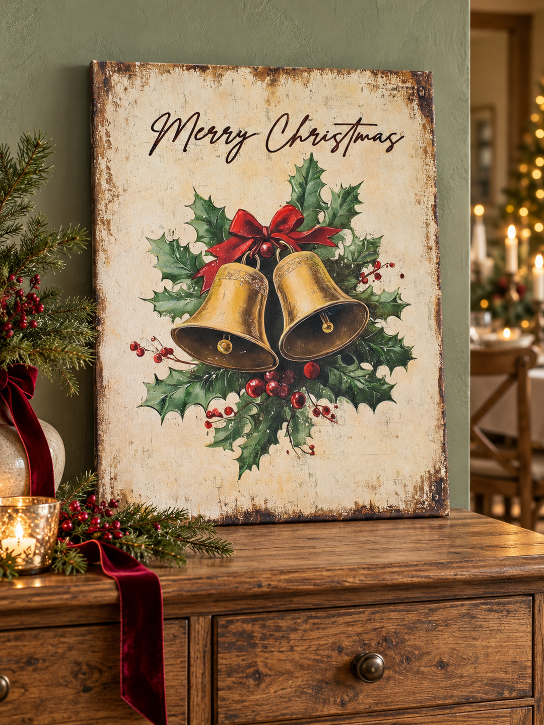 Christmas Bells & Holly Vintage Canvas Print