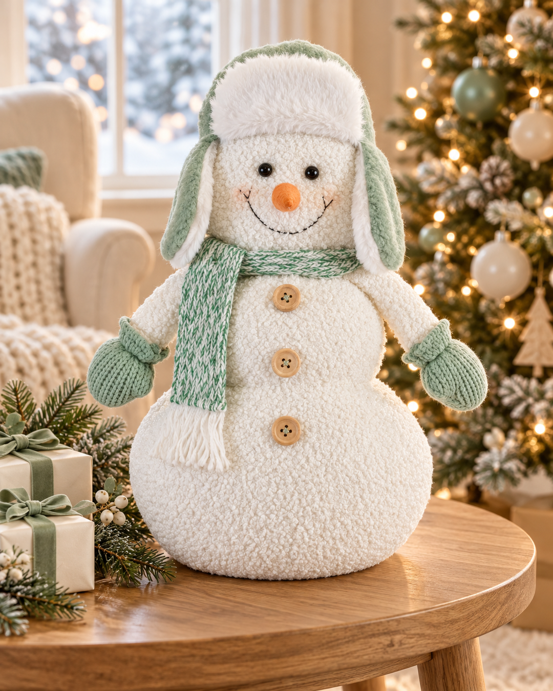 Cozy Sage Snowman with Winter Hat – 15″