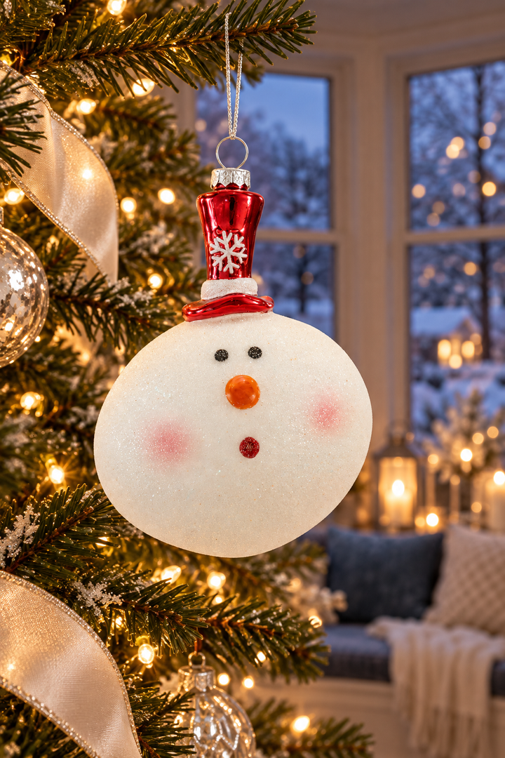 Snowy Christmas Cheer Glass Snowman Ornament – 5″