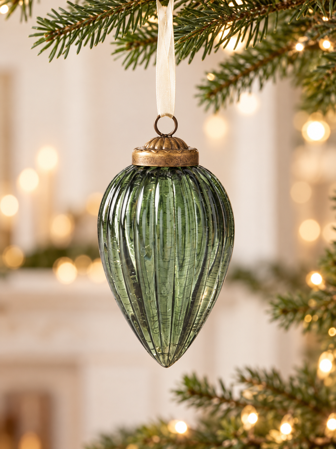 Sage Evergreen Ribbed Glass Ornaments