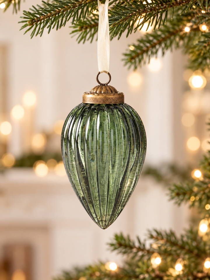 Sage Evergreen Ribbed Glass Ornaments