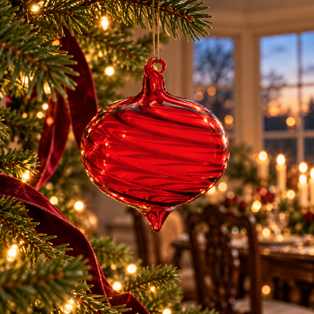 Ruby Radiance Swirled Glass Christmas Ornaments – Three Shapes