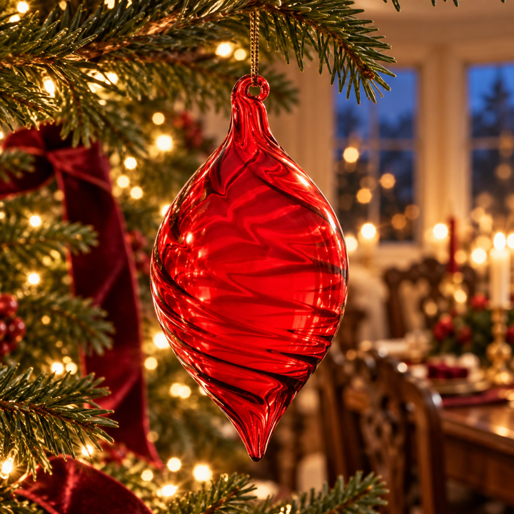 Ruby Radiance Swirled Glass Christmas Ornaments – Three Shapes