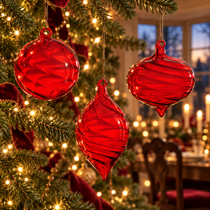 Ruby Radiance Swirled Glass Christmas Ornaments – Three Shapes
