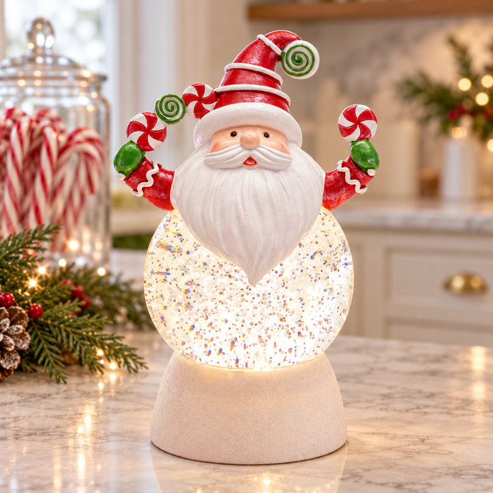 Peppermint Wishes LED Santa Snow Globe – 7.5″
