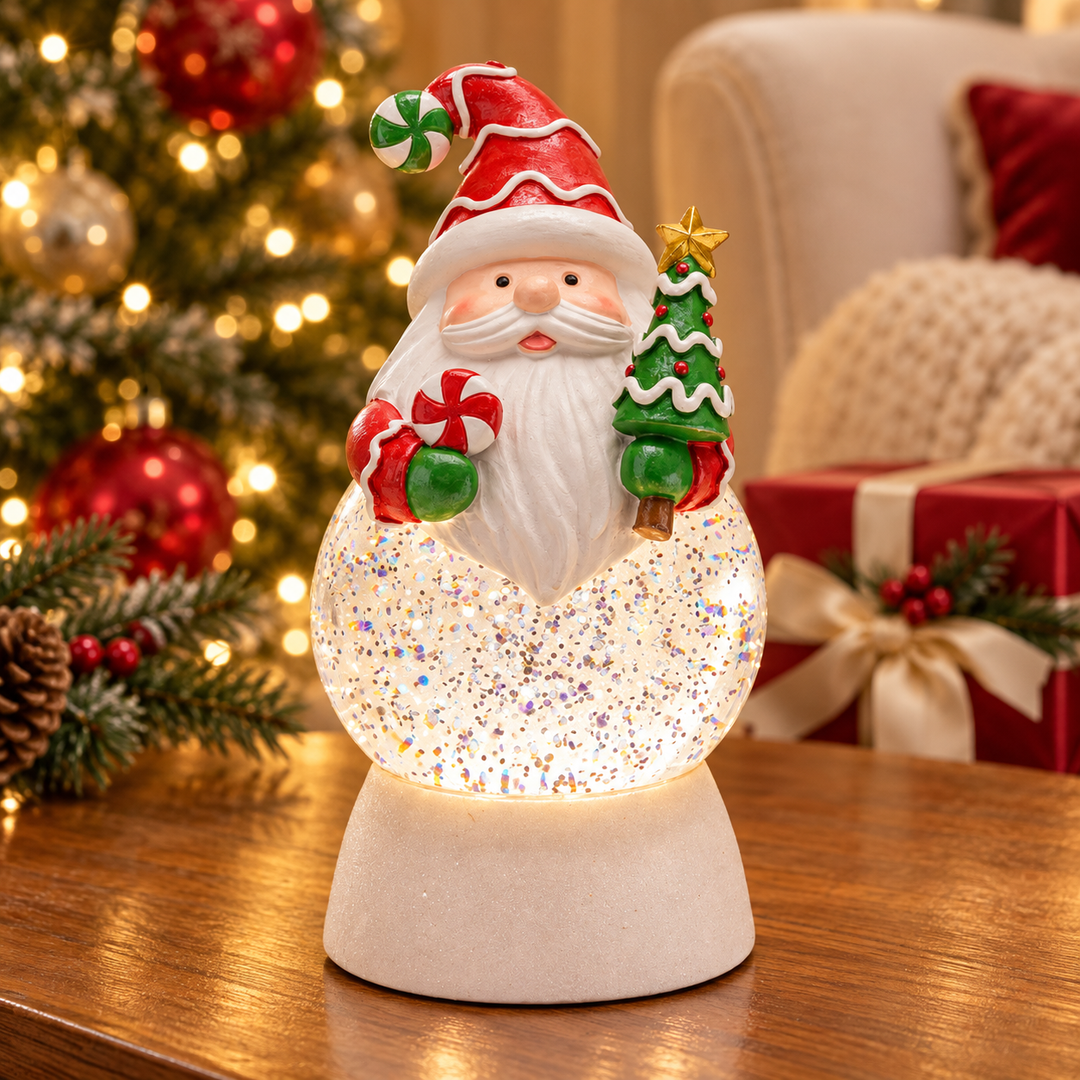 Peppermint Wishes LED Santa Snow Globe – 7.5″