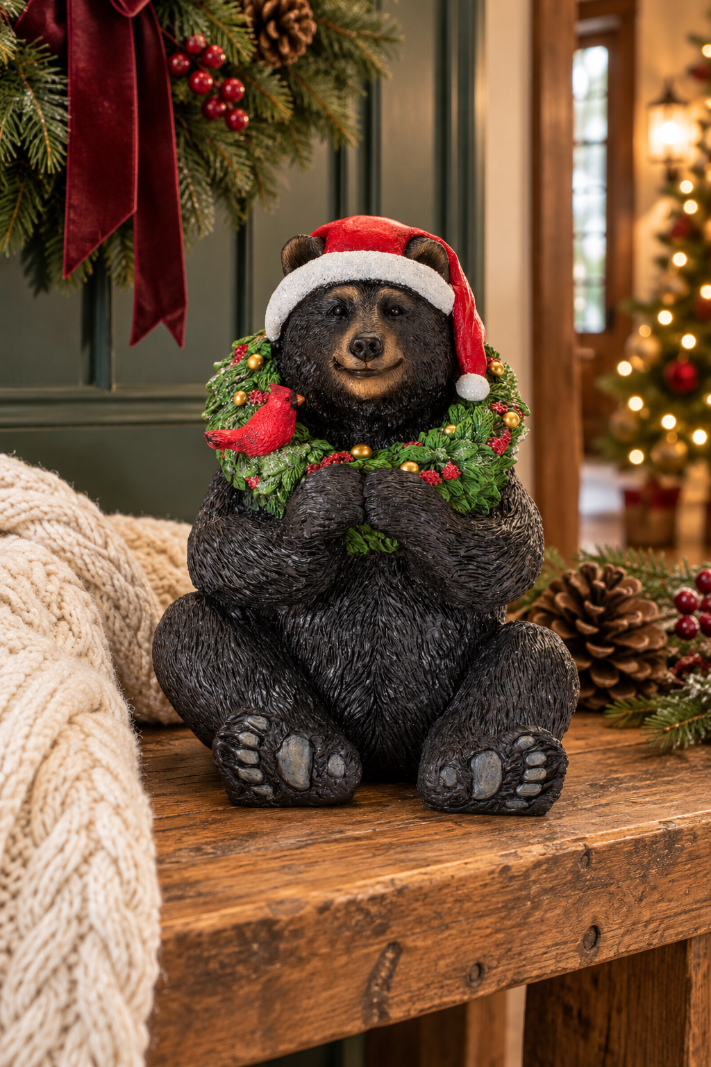 Woodland Christmas Wishes Bear with Wreath & Cardinal – 7″
