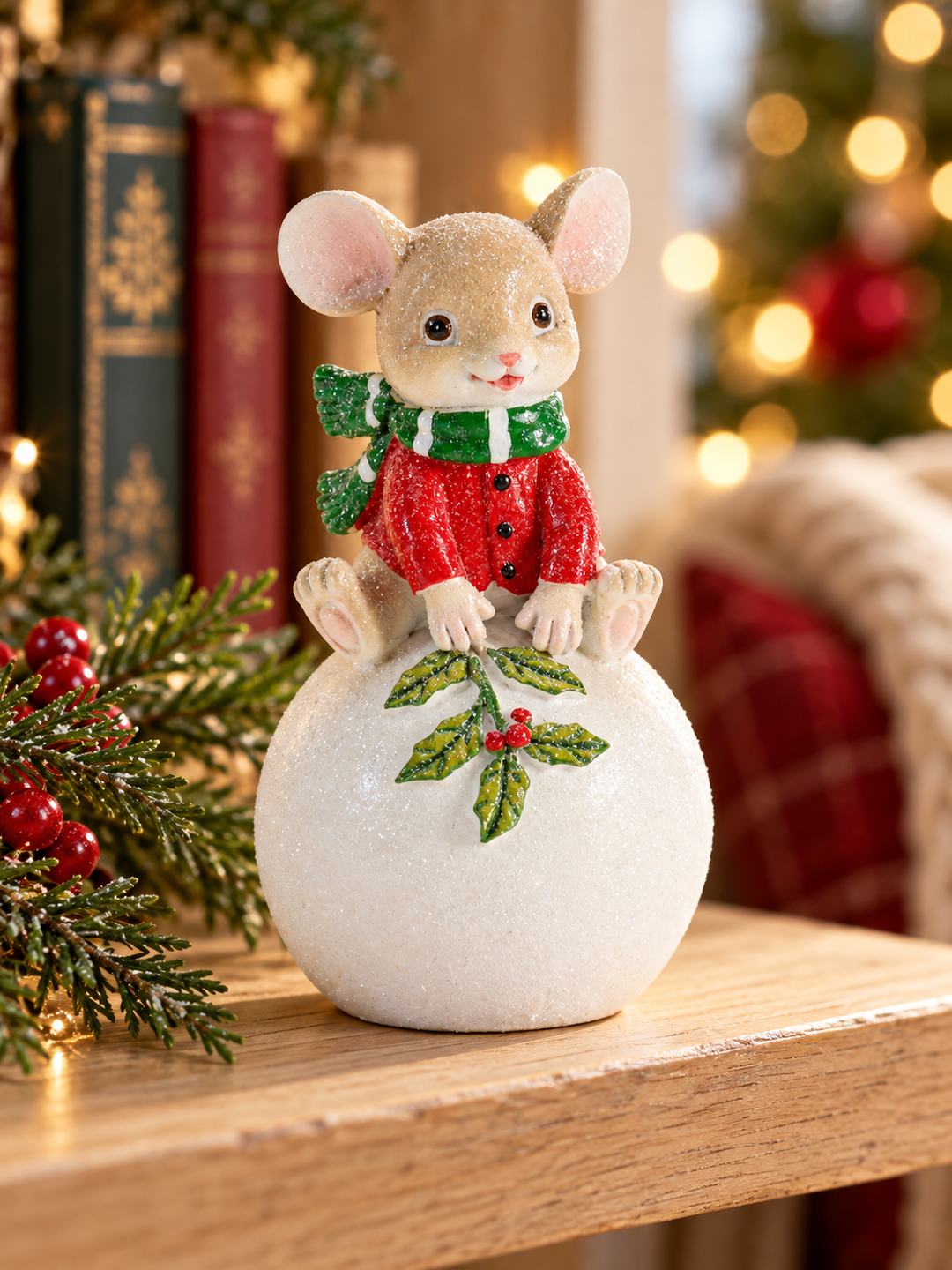Merry Little Mouse on Holly Ball