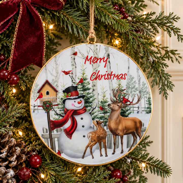 Woodland Christmas Snowman &amp; Deer Ornament – 6″