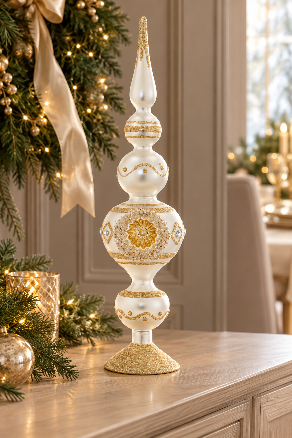Christmas Elegance Ivory & Gold Glass Reflector Finial – 14″ or 17.5″