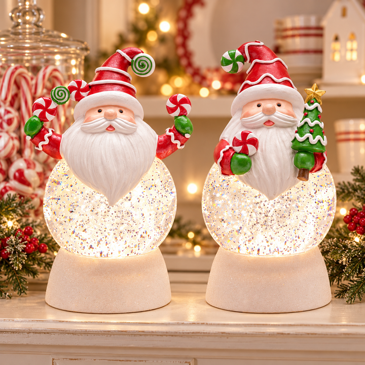 Peppermint Wishes LED Santa Snow Globe – 7.5″