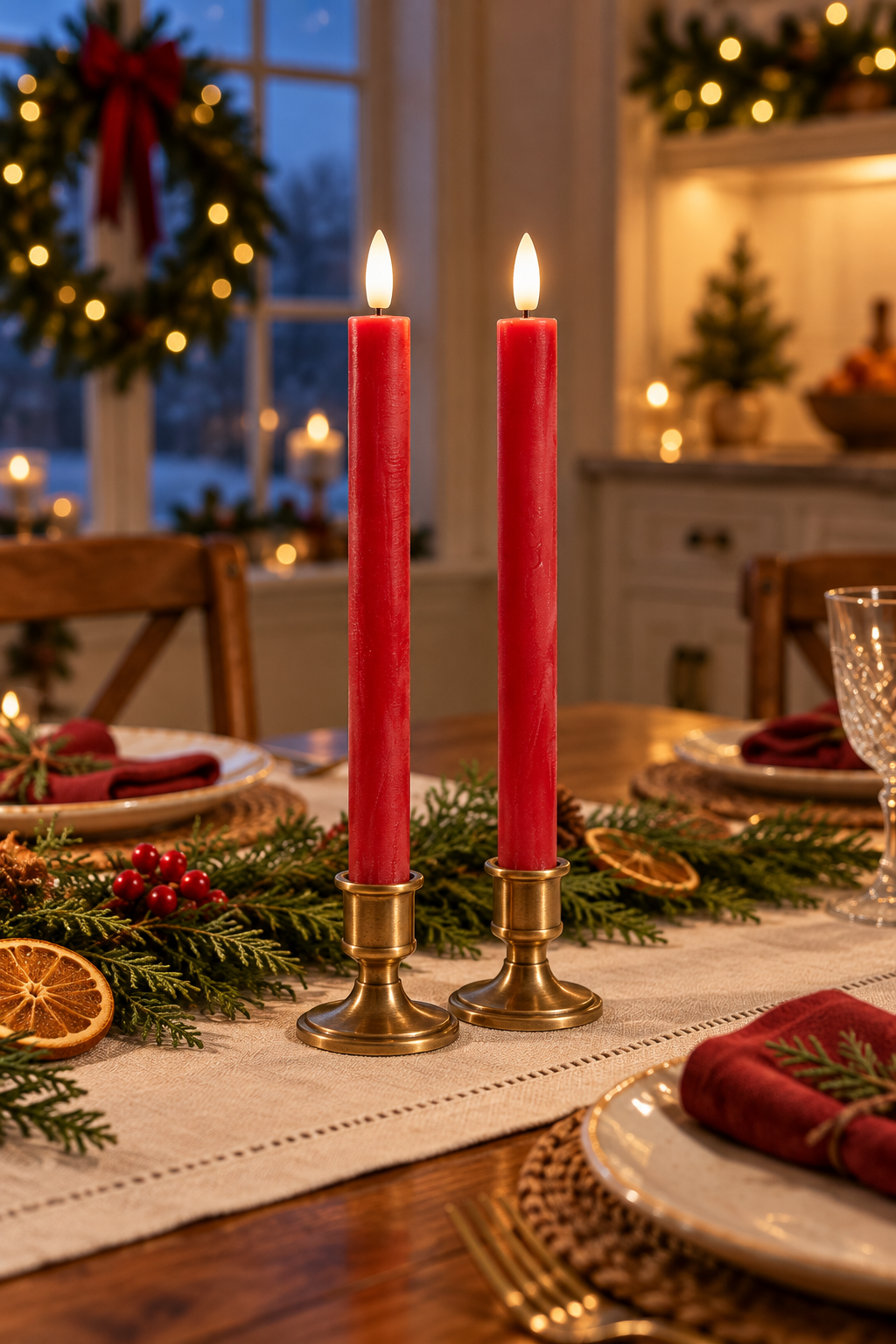 Christmas Hearth Red Flameless Wax Taper Candles – Set of 2, 9.5″