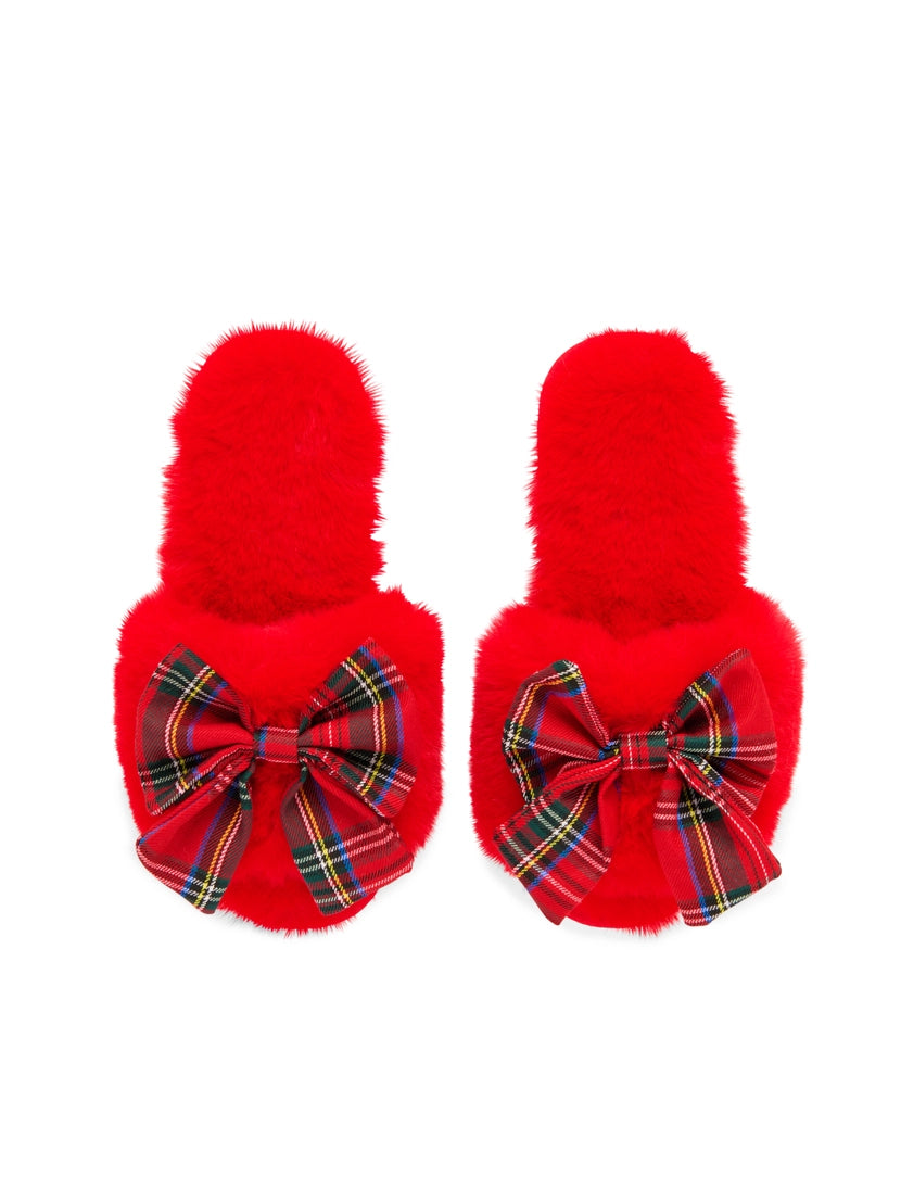 Tartan Bow Fuzzy Slippers