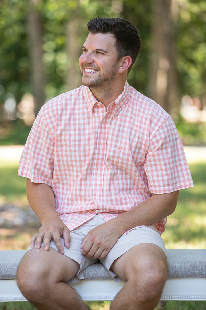 Melon Check Button Up SS Dress Shirt