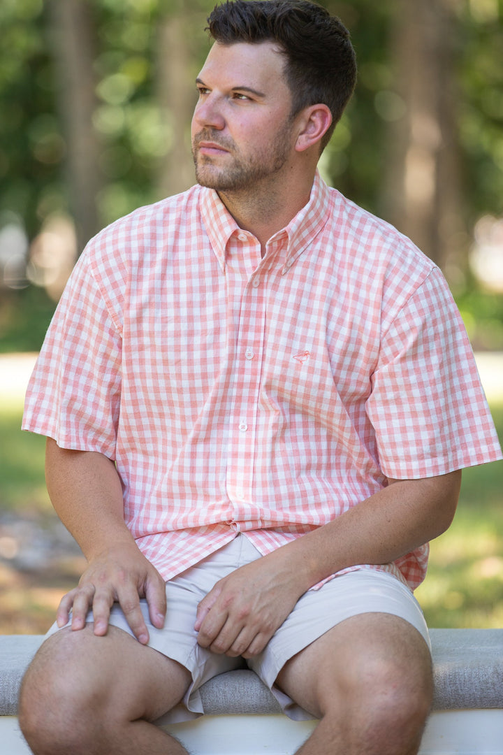 Melon Check Button Up SS Dress Shirt