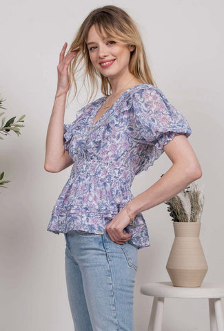 Purple & Blue Blossoms Babydoll Top