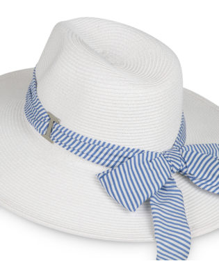 White Woven Hat with Blue Strip Ribbon
